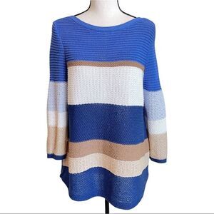 Chico's Cotton Blend‎ Multi Striped Blue, Tan and White Boatneck Sweater Size 8